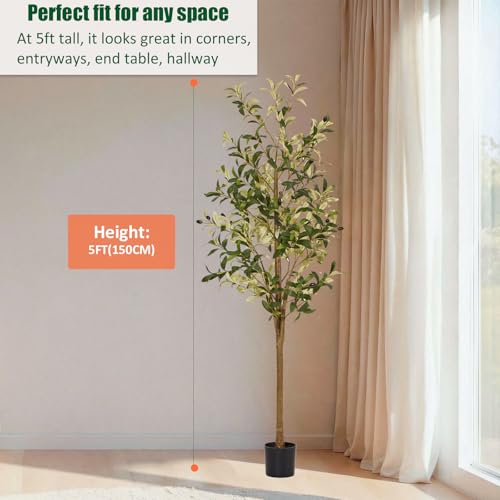 5ft Artificial Olive Trees Indoor, Faux Olive Tree 5 Feet Fake Plants with Realistic Leaves Olive Silk Tree Home Bedroom Housewarming Gifts - color: 5ft
