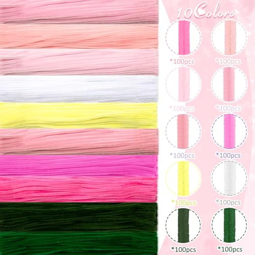 Peryiter 1402 Pcs Pipe Cleaners Flowers Set 1000 Pcs 10 Colored 12 Inch Chenille Stems for Tulip Bouquet Making Art DIY Craft Projects Creative Gift Party Wedding Decorations(Pink Flower) - color: Pink Flower