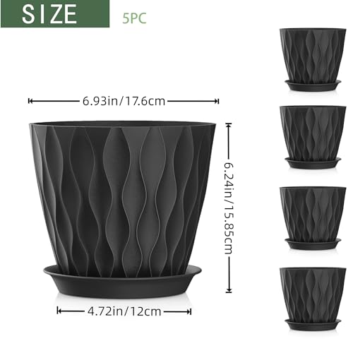 7 Inch Plant Pots 5 Pack, Flower Planters with Drainage Holes and Trays,Plastic Pots for Indoor Outdoor Plants,Black - color: Black, size: 7inch 5pc