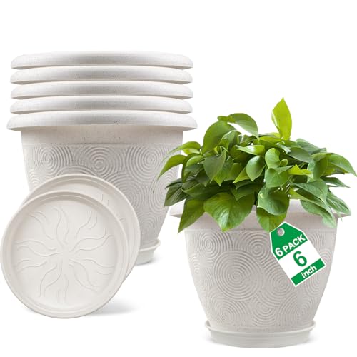 Fodetyff 6 Inch Flower Pots Planters for Indoor Outdoor Plants, 6 Pack Plastic Small Plant Pots with Drainage Hole & Tray, Modern Decorative Garden Pot with Saucer, Plant Container for House - color: White, size: 6 inch-6 pack