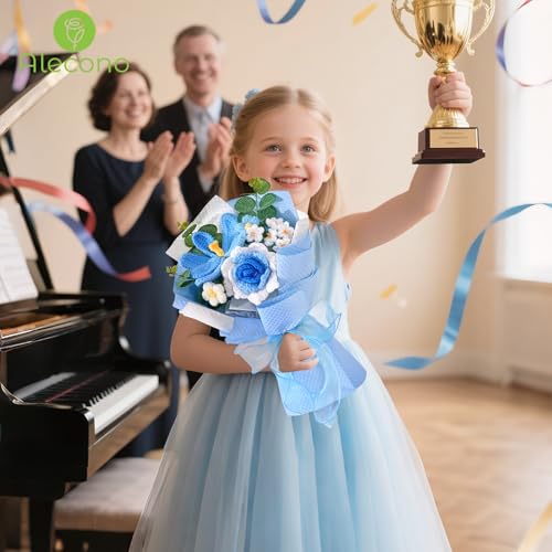 Alecono Crochet Flower Bouquet, Knitted Flowers, Blue Handmade Bouquet of Flowers for Lover Anniversary Birthday Party Mother's Day Graduation Gifts (Include Card) - color: Blue