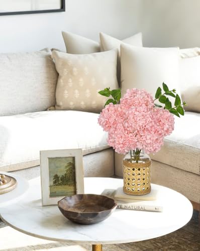 Hollyone Pink Hydrangea Artificial Flowers in Woven Glass Vase with Faux Water Silk Hydrangeas Fake Flowers Floral Arrangement for Home Indoor Bathroom Kitchen Office Table Centerpiece Shelf Decor - color: Pink-woven Vase