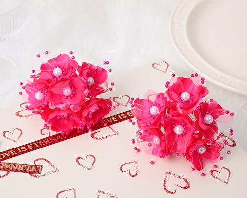 72 Artificial Silk Pearl Spray Craft Flower for Home Craft Decor DIY Wedding Bridal Veil Headband Dress Cake Topper Embellishment Scrapbook Favor Corsage Floral Bouquet Arrangement (Fuchsia) - color: Fuchsia