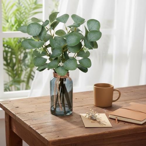 Briful Artificial Eucalyptus Stems in Black Glass Vase with Faux Water, 14" Fake Plant Eucalyptus Leaves for Home Office Farmhouse Wedding Centerpiece Décor - color: Black