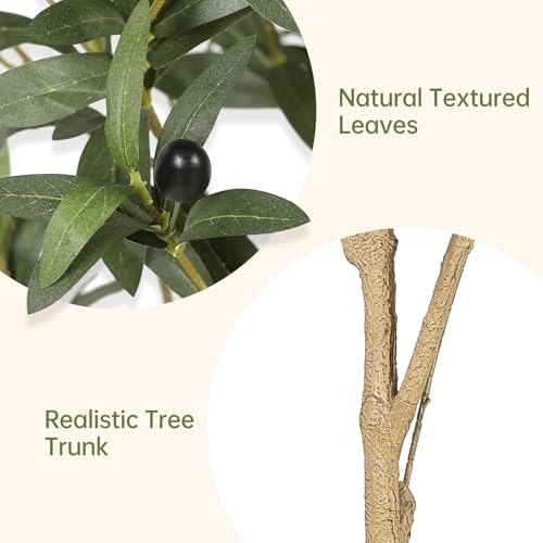 Realead Artificial Olive Tree 6FT - Tall Faux Olive Tree with Realistic Leaves and Natural Trunk - Indoor Fake Olive Tree with Black Pot - Artificial Trees for Home Office Living Room Decor - size: 6ft