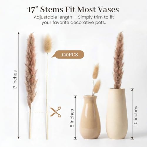JOHOUSE 120PCS Dried Pampas Grass Set for Vase, Natural Pampas Grass Eucalyptus Stems Bunny Tails 17 inches for Boho Home Wedding Farmhouse Decor