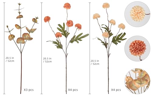 Pompom Mum Artificial Flowers,8 Stems Faux Kiku Flower with 3 Branches Eucalyptus Stems Mixed Orange Flowers Silk Pom Pom Balls for Wedding Bouquet Home Party Floral Arrangements(Mixed Orange) - color: Mixed Orange