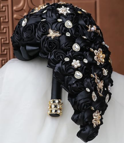 Luxury Cascade Bridal Wedding Bouquet Satin Rose Waterfall Holding Bouquet Artificial Flower Bunch for Bride Bridesmaid(Black, 17.3" x 8.7") - color: Black, size: 17.3"L x 8.7"W(44cm x 22cm)
