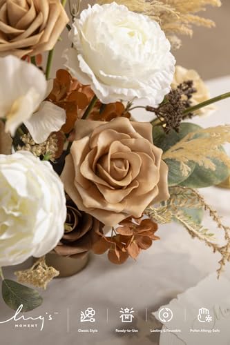 Ling's moment Fake Flowers Box, Faux Pampas Artificial Gardenia Foam Roses Silk Peony for Centerpieces Bouquet Wedding Floral Arrangements Bridal Shower Party, Earth Brown & Tawny Beige, Deluxe Combo - color: Beg-earth Brown & Tawny Beige, size: Deluxe