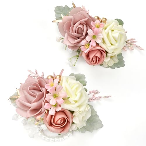 Serwalin 2 Pcs Wrist Corsage and Boutonniere Set, 6-7 Inch Dusty Pink Corsage for Wedding, Boutonniere for Men Corsage Wristlet Prom Ceremony Anniversary Accessories Suit - color: Pink, size: 1 Boutonniere & 1 Wrist Corsage-2pcs