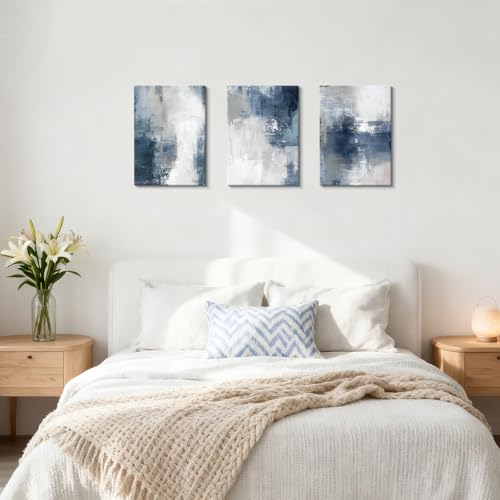 WENGTIAO 3 Pcs Navy Blue Abstract Canvas Wall Art Prints Modern Minimalist Blue Gray Artwork for Walls Framed White Neutral Poster Paintings Decor for Living Room Bedroom Bathroom Office 20x28x3Pcs - color: Abstract-blue, size: 20"x28"x3Pcs
