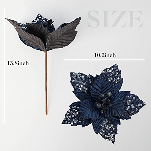 Pretty Jolly 11 inch Large Christmas Glitter Poinsettia Flowers Artificial Gold Flowers Artificial for Decoration Xmas Flowers Christmas Tree Decoration New Year Ornaments Navy 6pcs
