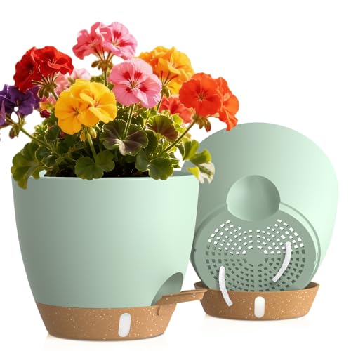 Self Watering Pots with Drainage Holes, 2 Pack 8 Inch Plant Pots with Water Level Indicator Deep Reservoir, Large Plastic Planter for Indoor Outdoor Plants - Green Brown - color: Green Brown, size: 8 Inch 2 Pack