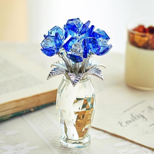 H&D HYALINE & DORA Blue Crystal Rose Flower Paperweight,Glass Flower Gifts for Women Girl Wife,Crystal Flowers Bouquet Collectible for Christmas Day Wedding Anniversary - color: Blue 2