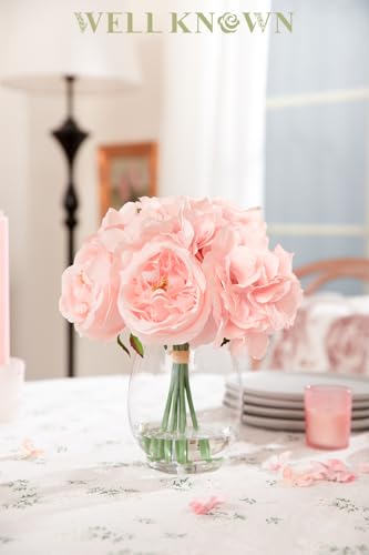 WELL KNOWN Artificial Austin Roses and Hydrangea Petals, 11.5" H Silk Roses Flower Bouquet with Fake Water in Glass Vase, Faux Peony for Home Decor, Table Decor, Weddings, Gift (Pink) - color: Blush Pink