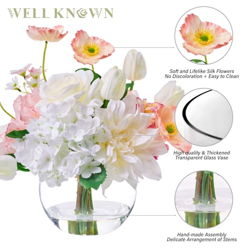 Artificial Flowers in Vase for Seasonal Decor, Mixed White Tulips & Pink Silk Fake Flowers Bouquet Arrangements in Glass Vase with Fake Water for Spring Home Office Hotel Wedding Party Table Decor - color: Mixed White