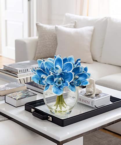 DILATATA Faux Flowers in Vase 9.3" Cymbidium Orchid Flowers Arrangement with Faux Water Real Touch Flowers for Wedding Table Centerpiece Home Decor, Blue - color: Cymbidium-blue