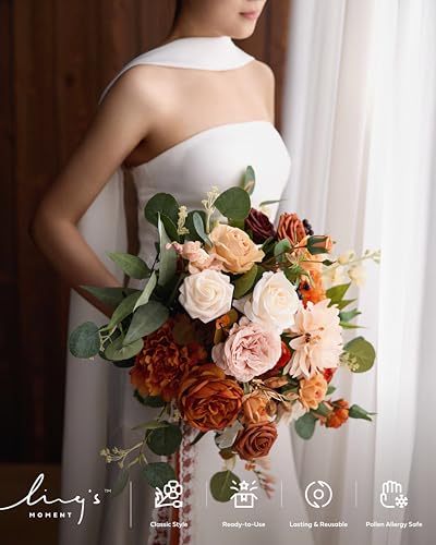 Ling's moment Terracotta Wedding Bouquets for Bride, Burnt Orange Bridal Bouquets for Bride, 15 Inch Free Form Artificial Wedding Flower Bouquet - color: Or-sunset Terracotta, size: Medium 15 Inch