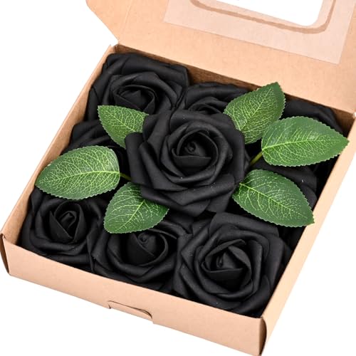 9 Pcs Artificial Flowers Fake Rose with Stems - Black Real Touch Foam Roses for DIY Wedding Bouquet Bridal Shower Cake Toppers Centerpiece Table Valentines Day Supplies Decorations - color: Black, size: 9Pcs
