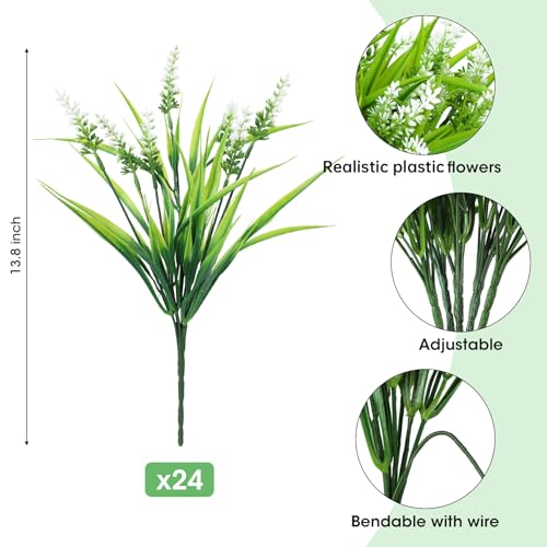 Ouddy Decor 24 Bundles Artificial Flowers for Outdoors, Fake Lavender Flowers Monkey Grass Faux Plastic Plants Shrubs UV Resistant for Porch Garden Window Box Office Home Decorations, White - color: White