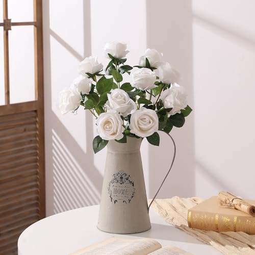 Hawesome 12PCS Artificial Flowers Fake Roses, Realistic Velvet Long Stem Red Roses Bouquet for Wedding Centerpiece Home Decor Party & Valentines (White) - color: White