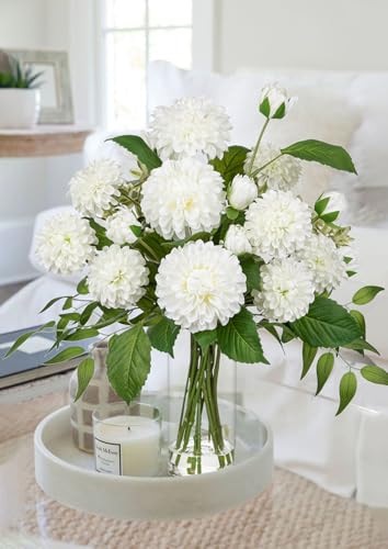 Hollyone White Fake Flowers in Vase Dahlia Artificial Flowers in Glass Vase with Faux Water Dahlia Silk Flower Arrangements for Bathroom Office Table Centerpiece Shelf Decorations Home Decor - color: White