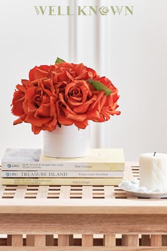 WELL KNOWN Artificial Flowers in Vase, Silk Rose Arrangement Mini Potted Realistic Fake Flowers with Ceramic Vase for Wedding Vanity Centerpiece Coffee Table Bathroom Anniversary Decor (Burnt Orange) - color: Rose, Burnt Orange