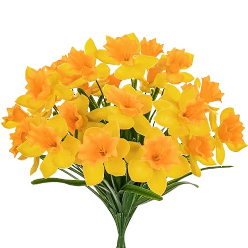 GnFlus 3 Bundles Daffodils Artificial Flowers, 15" Faux Daffodils with 21 Flower Heads, Real Touch Fake Spring Flower Yellow Decorative Flowers Bouquet for Home Wedding Centerpieces Vases Arrangement - color: Yellow, size: 3 Bundles-15 Inch