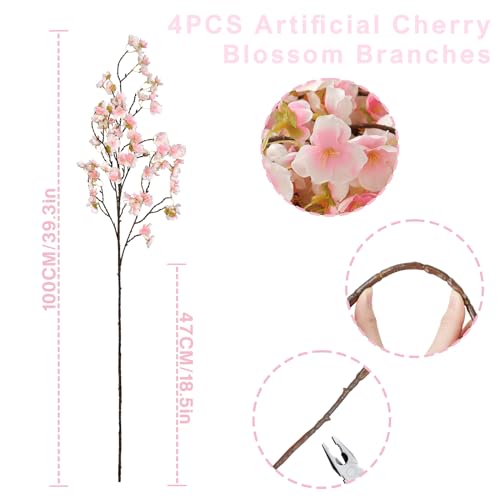 Dremisland 4Pack Artificial Cherry Blossom Flowers 39.3in Faux Cherry Blossom Branches Silk Flowers in Vase Pink Peach Faux Flowers Spring Decor Wedding Party Home Table Vase Decor - color: White Pink, size: 4PCS