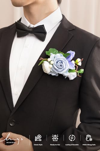 Ling's moment Pocket Boutonniere Single, Boutonniere for Men Groom for Wedding, Prom, Homecoming, Anniversary, Graduation, etc.Dusty Blue, 6" W x 5" H - color: Blu-dusty Blue, size: 6" W x 5" H