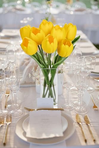 Briful Fake Flowers Artificial Tulip Flower in Clear Vase, Yellow Real Touch Foam Tulip Arrangement Suitable for Home Office Decoration, Dining Table Centerpiece - color: Yellow