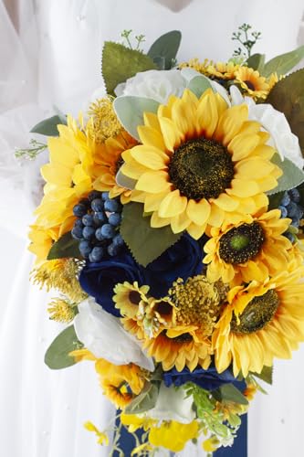 12 Inch Cascade Wedding Bouquets for Bride, Royal Blue & Yellow Sunflower Cascading Bridal Bouquet for Wedding Silk Artificial Flowers - color: Royal Blue & Yellow