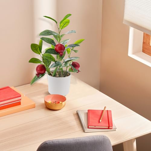 Woration Artificial Pomegranate Tree Greenery Faux Green Plant Fake Fruits Decoration Plastic Pots Realistic Leaves Indoor for Home House Office Table Garden 13.8inches - color: Artificial Pomegranate Plant Potted
