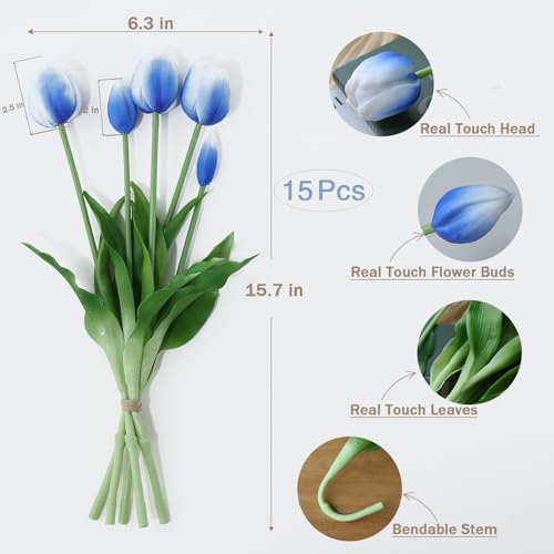 mizii 15Pcs Blue Tulips Artificial Flowers Latex Plastic Real Touch Fake Tulips Flowers Look Real Faux Tulip Flower Bouquet Decoration for Vase Room Table Centerpieces Home Decor (White Blue) - color: White Blue