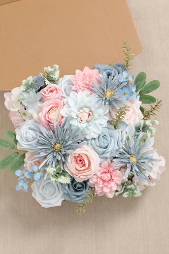Blue Pink Artificial Flowers Set - Fake Roses, Peonies, Silk Flowers with Stems for DIY Wedding Bouquets,Floral Arrangement,Table Centerpieces,Baby Shower, Home Decor - color: Blue&pink