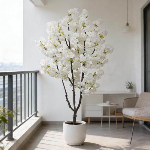 BINCUE Artificial White Cherry Blossom Tree Fake Tree Cherry Blossom Decor Fake Flowers Faux Flowering Tree White Flowers Floral Artificial Plants for Indoors Outdoors Room Home Decor Gift 6FT - color: White-02ap
