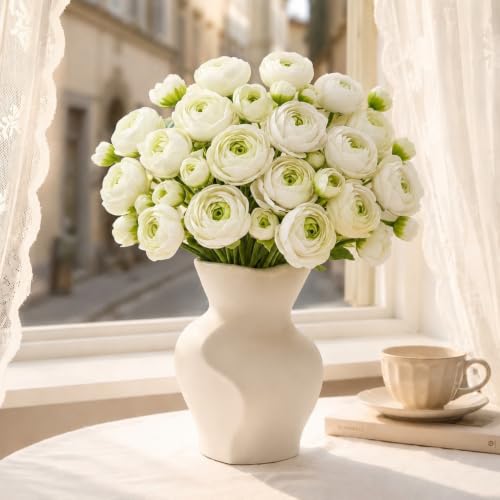 24 PCS Ranunculus Artificial Flowers, Faux Mini Ranunculus Bulk | Realistic Silk Ranunculus Bouquet for DIY Bouquets, Bridal Shower Decorations, Centerpieces, Arrangements, White - color: White