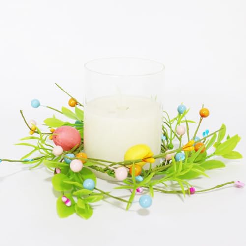 Easter Egg Candle Ring Spring Wreath Artificial Green Leaves Berry Candle Holder 8.66" for Easter Wedding Home Kitchen Table Centerpiece - color: Easter