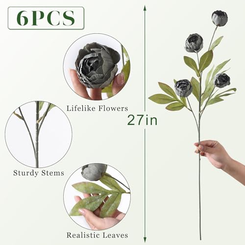 VIERENA 6 Pcs Faux Silk Peony Artificial Flowers for Vase -27", Bulk Fake Peonies Branches with Stems for DIY Bouquet Centerpieces Wedding Fillers Arrangements Shower Decorations (Dark Gray) - color: Dark Gray