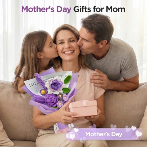 Crochet Flower Bouquet, Purple Handmade Knitted Flowers | Crochet Rose Lavender Flowers, With Card Gift, For Lover Girlfriend Friends - color: Lavender Rose