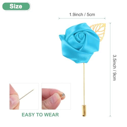 M METERXITY 1-Pack Flower Lapel Pins for Men, Golden Leaf Rose Boutonnieres Pin Groom Boutonnieres for Wedding/Dance/Party, Men Lapel Pins for Suits Satin Flower Corsage [Blue] - color: Blue