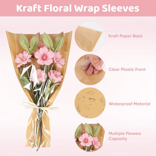 Wzifyf 50 PACK Flower Bags for Bouquets Flower Bouquet Holders Kraft Floral Wrapping Paper flower Sleeves Build Your Own Bouquet Bar with 72 Ft Ribbons for Valentine's Day Packaging Supplies - color: 50pcs Kraft, size: bouquet wrap