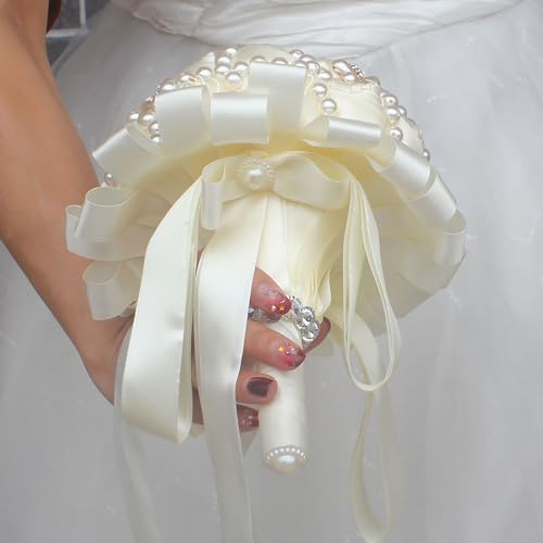 USIX Handcraft Popular Satin Rose Rhinestone Brooch Flower Pearl Bridal Holding Wedding Bouquet Wedding Flower Arrangements Bridesmaid Bouquet(Ivory) - color: Ivory