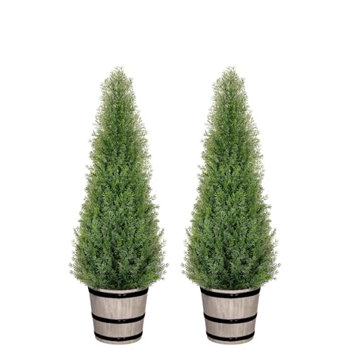 Artificial Cedar Trees 3FT Faux Cedar Topiary Evergreen Plants Outdoor Indoor Fake Cypress Pine Trees with Barrel Planter for Front Porch Entryway Patio Garden Home Decor Set of 2 - size: 3ft