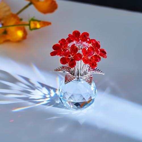 Crystal Red Flower Decoration Glass Flowers Mother's Day Birthday Gifts for Women Girl Wife Girlfriend Daughter Ornament Bouquet Collectible for Valentine's Day Wedding (Red Flower 02) - color: Red