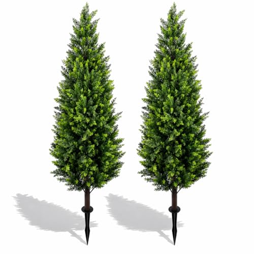 Artificial Cedar Topiary Trees 4ft Set of 2,Fake Shrubs with Ground Spike,UV Resistant Cypress Tree,Faux Bushes for Outdoors,Fake Plants for Outdoor Indoor Front Porch Patio Garden Decor