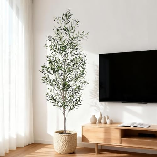 Jocoevol Olive Tree, 7FT Artificial Indoor Tall Faux Olive Trees w/Planter & Natural Wood Trunk and Lifelike Fruits, Fake Olive Artificial Tree for Home Office Decor - size: 7ft