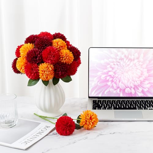 SITUMEIZI 12 Pcs Artificial Chrysanthemums Flowers Ball Flower Fake Mums Silk for Wedding Home Kitchen Decoration Floral Arrangement(Burgundy,Red,Orange) - color: Burgundy,red & Orange, size: 12 Pieces