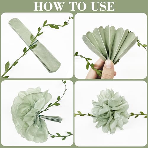 Sage Green Tissue Paper Flowers Pom Pom with Leaf Ribbon Dusty Green Hanging Garland Streamer for Birthday Baby Shower Wedding Engagement Woodland Safari Jungle Neutral Party Decorations Supplies - color: Dusty Green