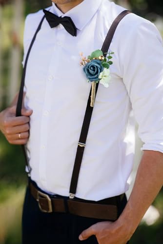 Boutonniere for Men Wedding, Groom Groomsman Artificial Rose Flowers for Wedding Anniversary Celebration,Prom,Party,Home Decoration Set of 2 (Navy Blue) - color: Navy Blue